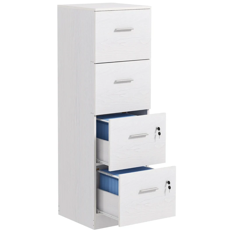 EasyComfort Armadio per Ufficio a 4 Cassetti con 2 Serrature e Barra Portadocumenti, in Legno, 40x42x130.8 cm, Bianco