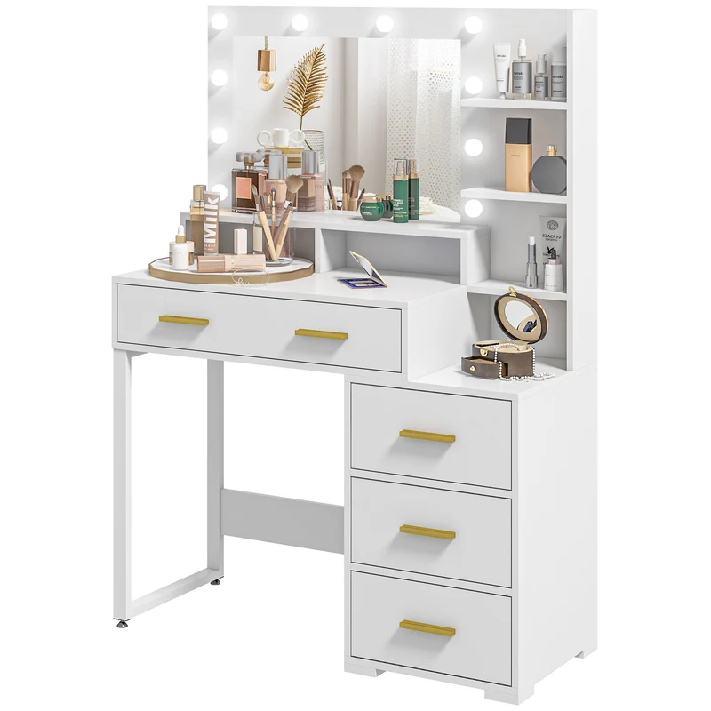 EasyComfort Tavolo da Trucco in Legno con 4 Cassetti, 6 Ripiani Aperti e Specchio, 100x40x138 cm, Bianco