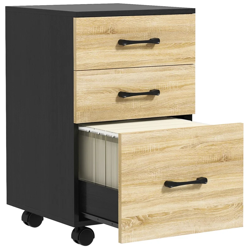 EasyComfort Cassettiera Ufficio con 3 Cassetti e Ruote, Portadocumenti con Barre Regolabili, Rovere e Nero