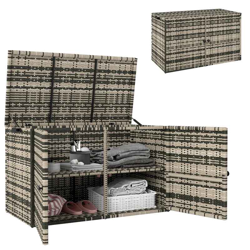 EasyComfort Baule da Esterno da 350L a 2 Livelli con Pistoni a Gas, Rattan PE e Acciaio, 118x57x69 cm, Grigio