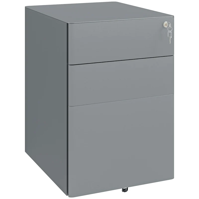 EasyComfort Cassettiera da Ufficio 3 Cassetti in Acciaio con Serratura e Rotelle, 39x48x59cm, Grigio