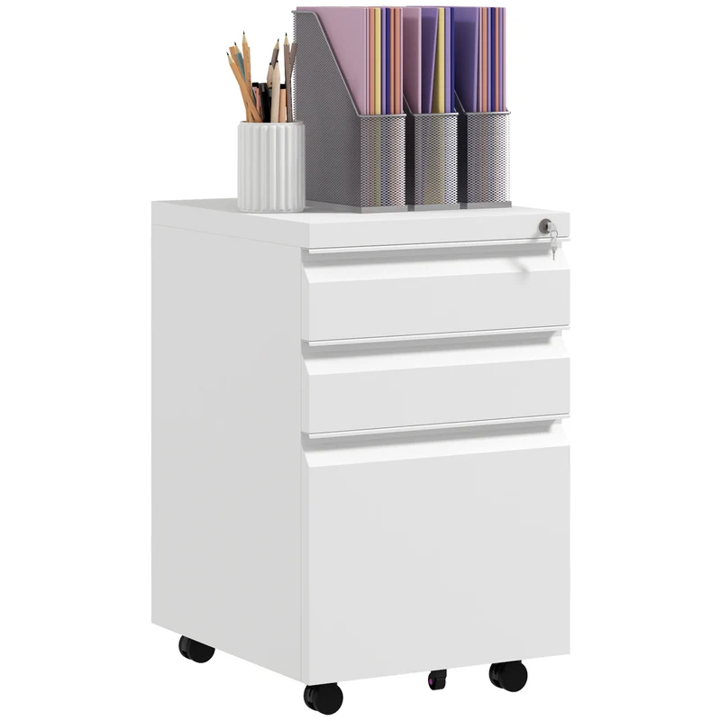 EasyComfort Mobiletto da Ufficio a 3 Cassetti con Barra Regolabile e Vassoio, in Acciaio, 37x43.5x60 cm, Bianco