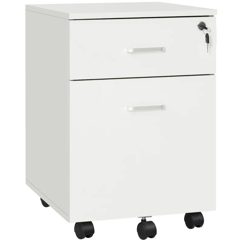 EasyComfort Cassettiera Ufficio a 2 Cassetti con Serratura e 5 Ruote, in Truciolato, 40x49x58 cm, Bianco