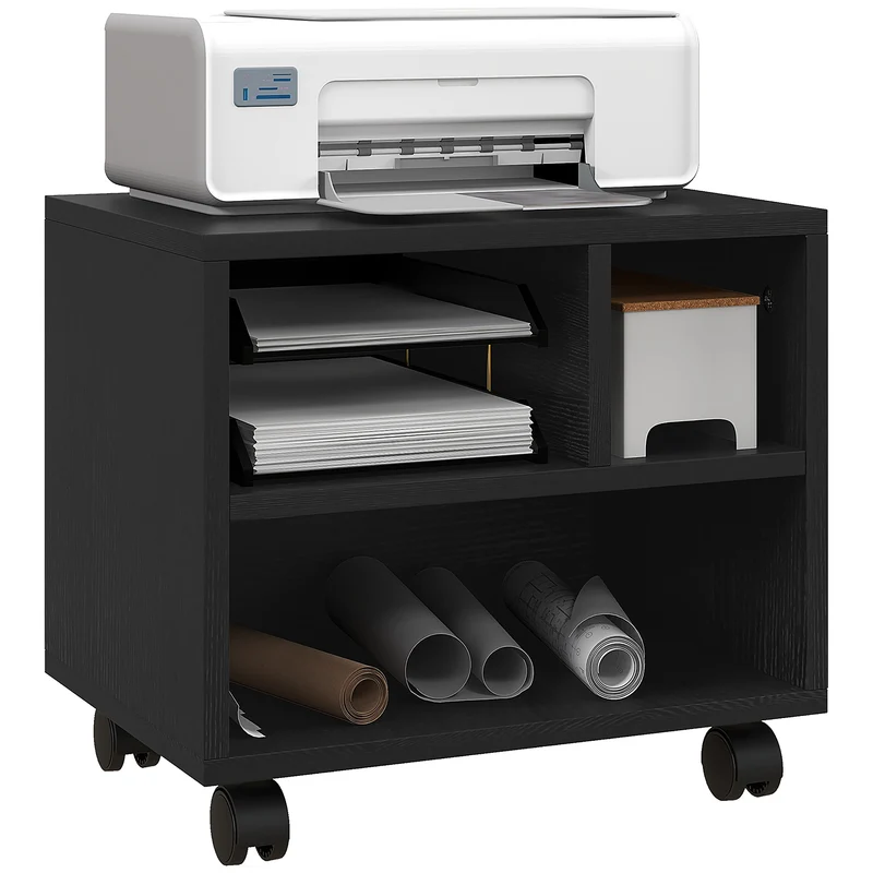 EasyComfort Mobile Porta Stampante a 2 Livelli con 3 Scomparti e Ruote per Ufficio e Studio, 40x30x36cm, Nero