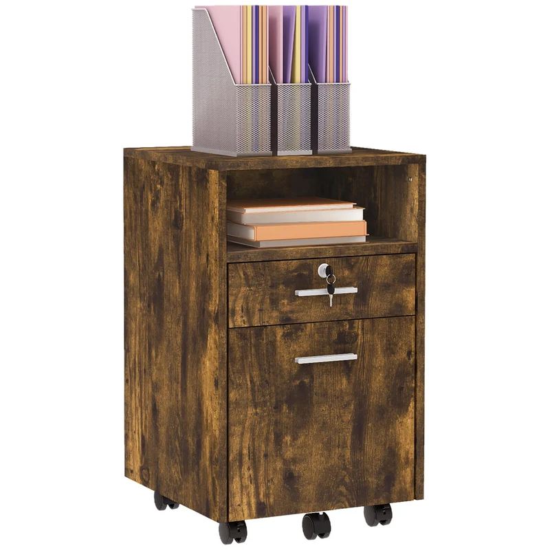 EasyComfort Cassettiera da Ufficio Portadocumenti in Legno con 2 Cassetti e Ripiano Aperto, 39x40x65 cm, Marrone