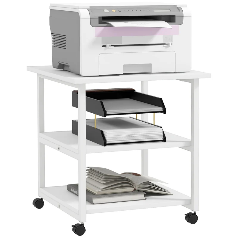 EasyComfort Carrello salvaspazio Porta Stampante a 3 Ripiani, mobile da ufficio con 4 Ruote, Legno e Acciaio, 50x50x52.5cm, Bianco