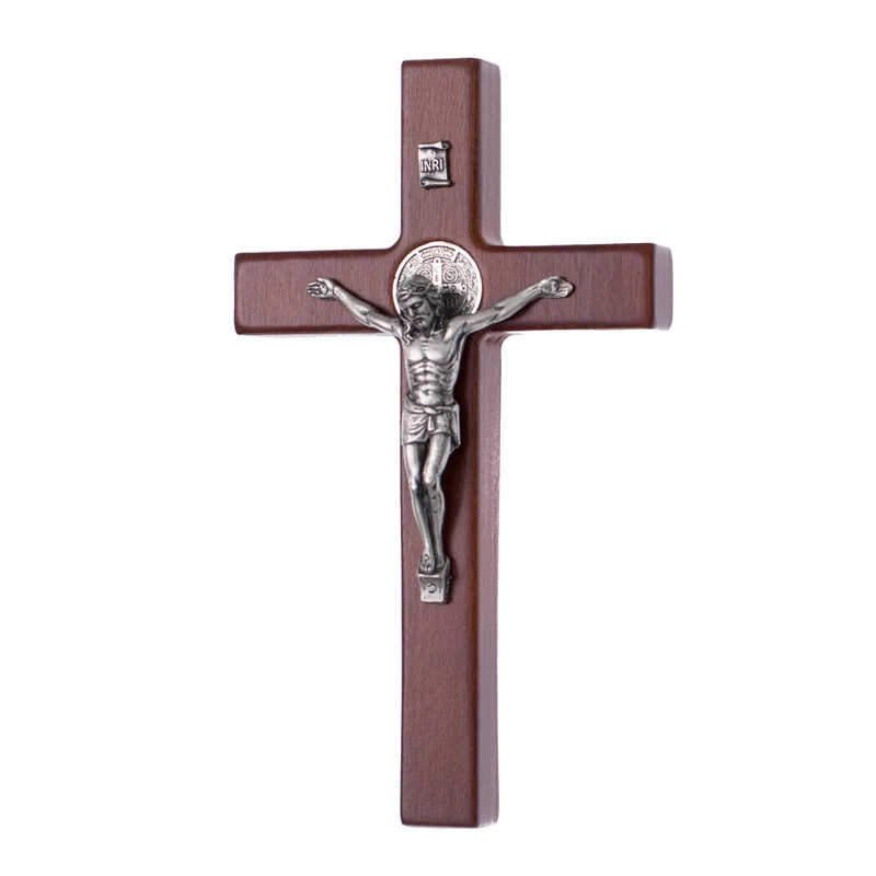 Croce di San Benedetto in legno con pasqua, colore marrone 18x10x1,8cm