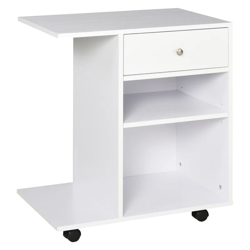EasyComfort Mobiletto per Stampante in Legno con 4 Ruote, Mensola Regolabile e Piano per CPU, Bianco
