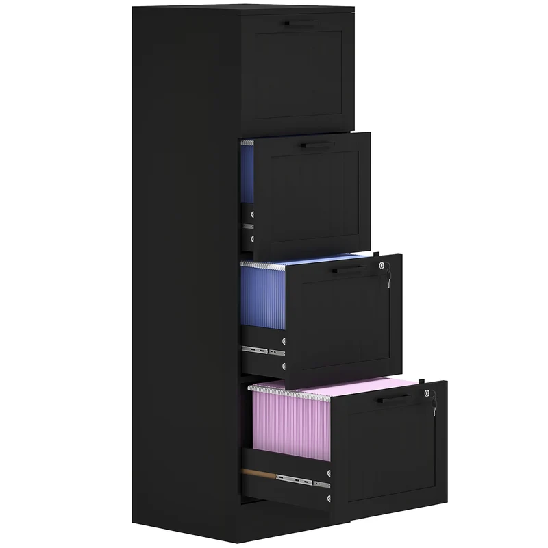 EasyComfort Cassettiera Portadocumenti a 4 Cassetti con Binario Regolabile e 2 Serrature, in Legno, 40x40x131 cm, Nero