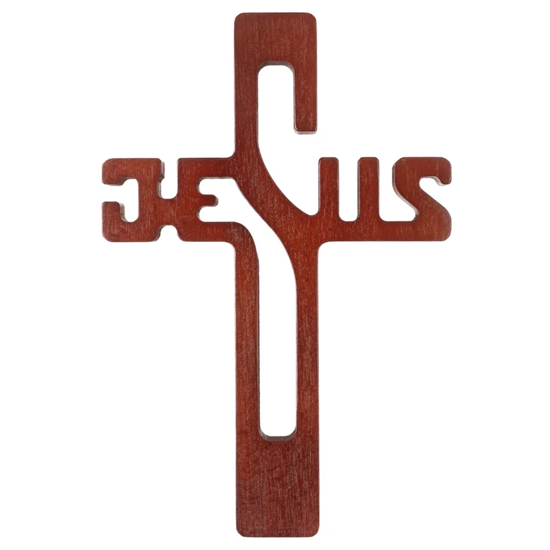 Croce pendente in legno con scritta JESUS, colore marrone 22x14x1,6cm