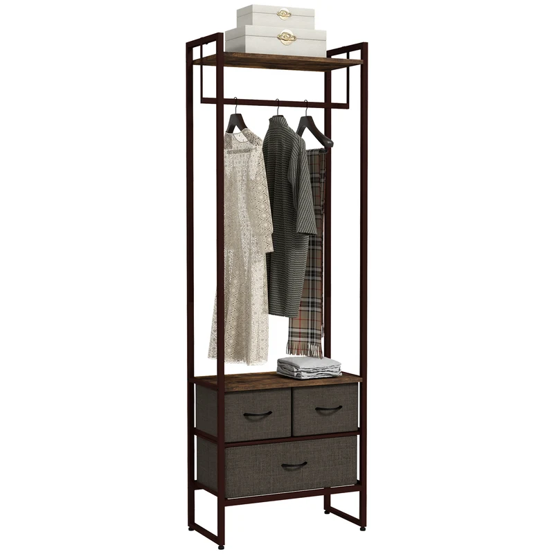 EasyComfort Appendiabiti da Terra con Asta, 3 Cassetti e Ripiani, in Legno MDF e Acciaio, 58.5x30x178 cm, Marrone