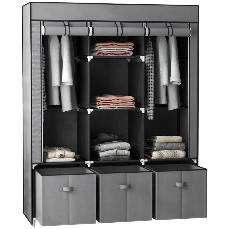 EasyComfort Armadio in Tessuto Pieghevole con Cassetti e Ante Avvolgibili con Zip, 125x43x162.5cm, Grigio Scuro