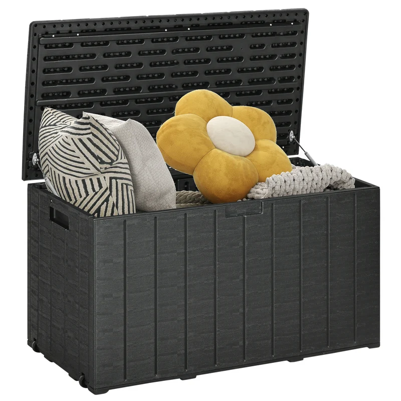EasyComfort Baule da Giardino da 366L Effetto Legno in Plastica, 122.4x62x64.5 cm, Nero