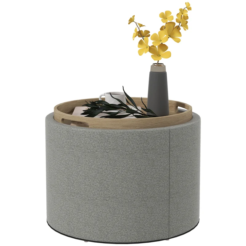 EasyComfort Pouf Contenitore Effetto Lino da 120 kg max con Vassoio a Ribalta, in MDF, 56x56x42 cm, Grigio
