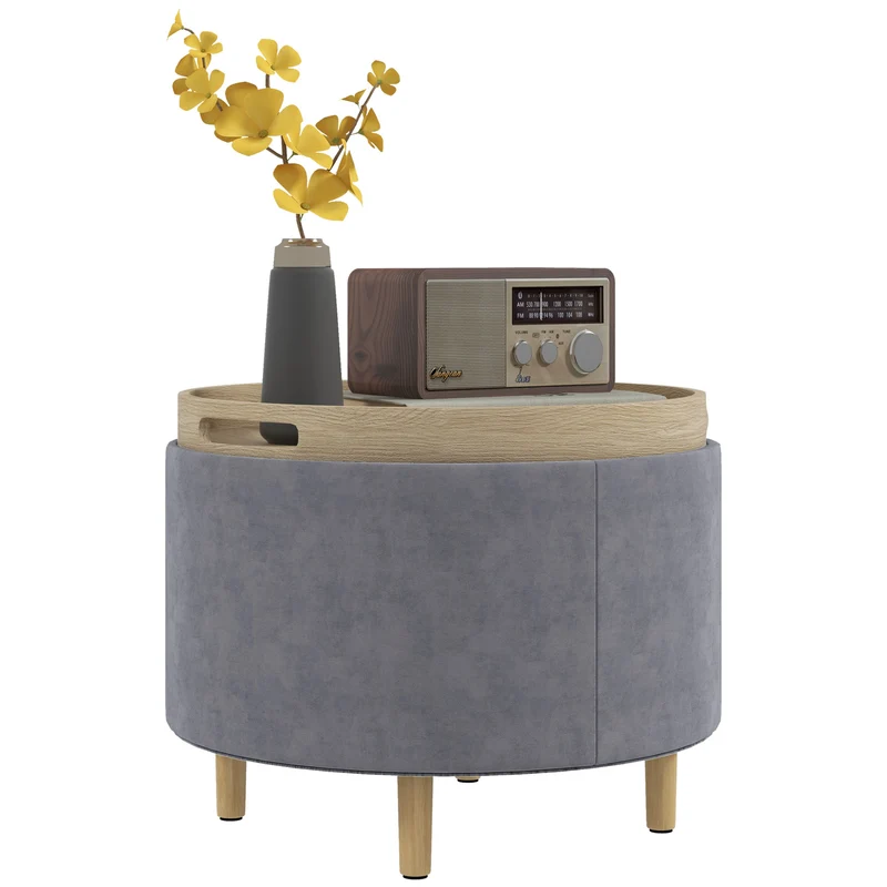 EasyComfort Pouf Contenitore Vellutato da 120 kg max con Vassoio a Ribalta, in MDF e Rovere, 56x56x42 cm, Grigio