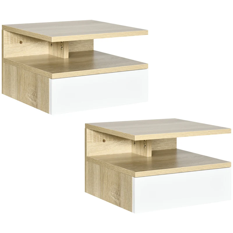 EasyComfort Set da 2 Comodini Sospesi con Cassetto e Ripiano Superiore, in Legno, 35x32x22.5 cm, Bianco e Rovere
