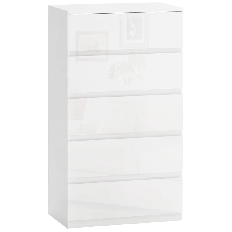 EasyComfort Cassettiera Moderna 5 Cassetti Antiribaltamento in Legno, 55x33x100 cm, Bianco Lucido