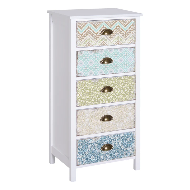 Easycomfort Cassettiera Mobiletto Vintage con 5 Cassetti Stile Shabby Bagno, Ingresso, Camera 46 × 34 × 97.5cm Bianco