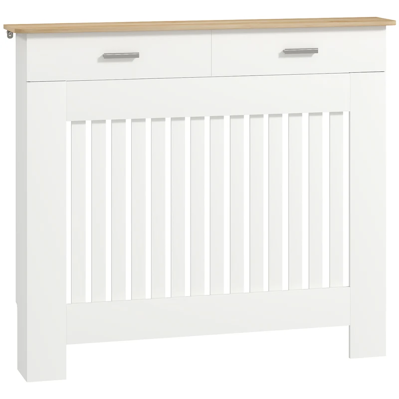 EasyComfort Copritermosifone a Doghe Antiribaltamento con Cassetto Portaoggetti, in Legno, 112x19x97 cm, Bianco