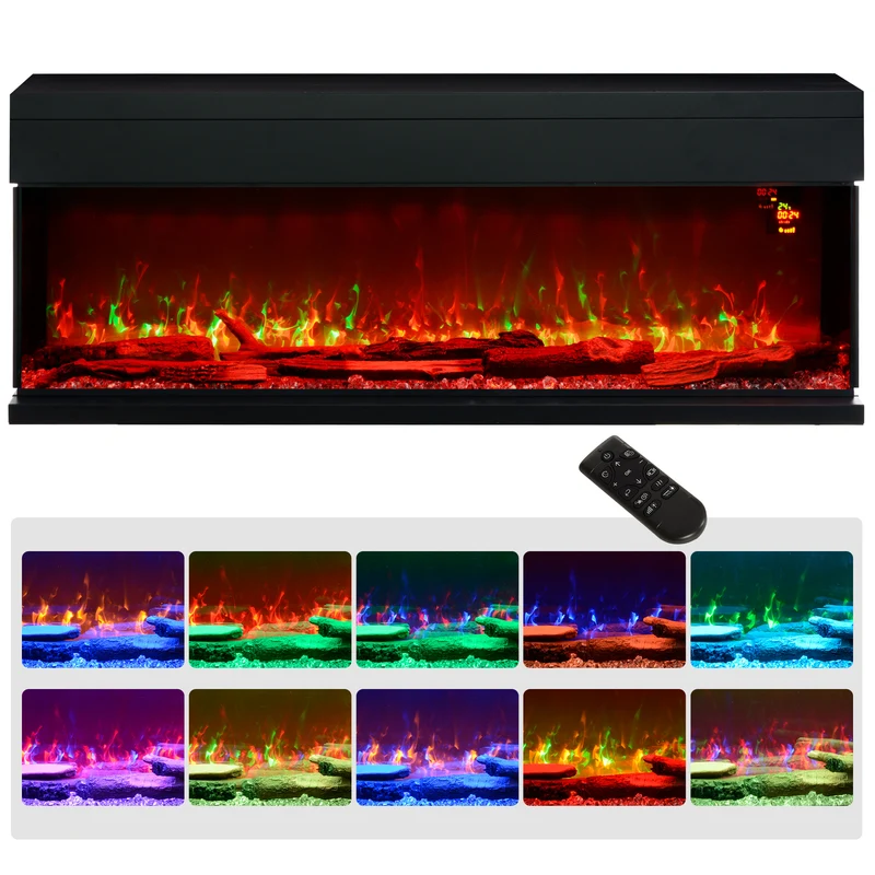 EasyComfort Camino Elettrico da Incasso e Parete 1800W con Fiamme Colorate LED Regolabili, Temperatura fino 40°C, Nero