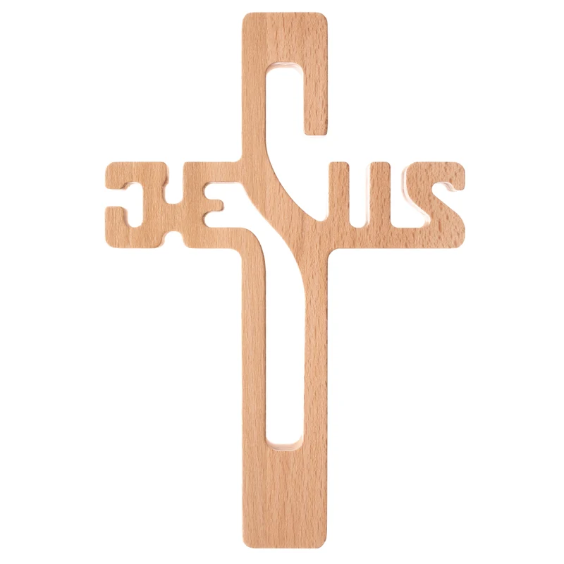 Croce pendente in legno con iscrizione JESUS naturale 30x20x1,8cm