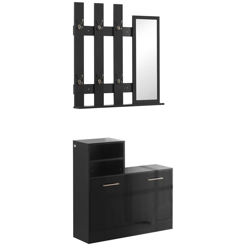 Easycomfort Set Appendi Abiti da Ingresso con Specchio e Scarpiera per 8 Paia di Scarpe, Nero Lucido