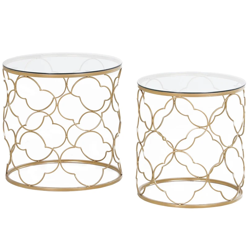 Easycomfort Set di 2 Tavolini da Salotto Impilabili Art Deco in Metallo con Piano in Vetro, Oro