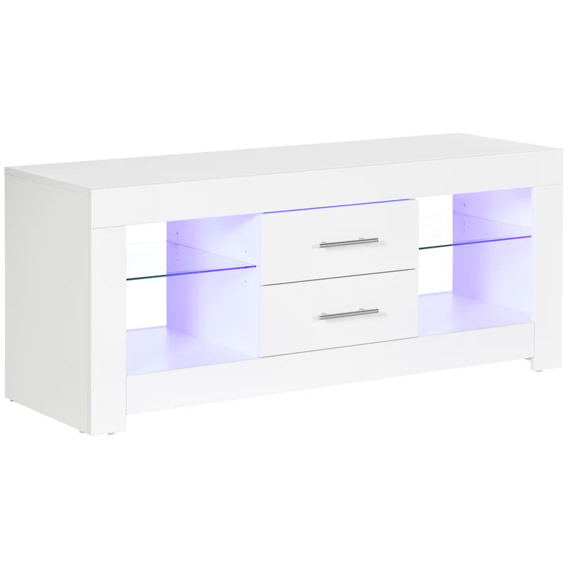 Easycomfort Mobile Porta TV da 55" con Luci LED a 12 Colori e Telecomando, Legno e Vetro 120x40x50cm, Bianco