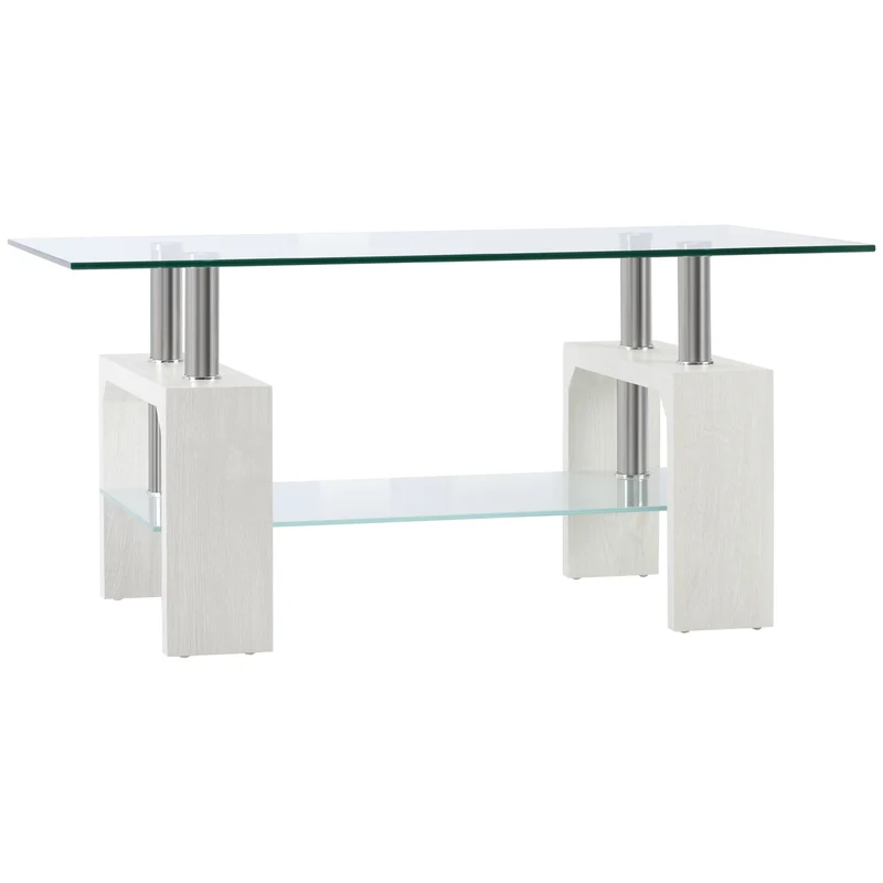 Easycomfort Tavolino da Caffè Moderno a 2 Livelli in Vetro e Legno, 90x50x42cm, Bianco