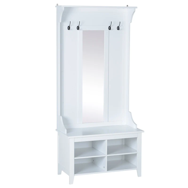 Easycomfort Appendiabiti Attaccapanni da Terra con Specchio Scarpiera 4 Ganci Legno 80x40x170cm Bianco