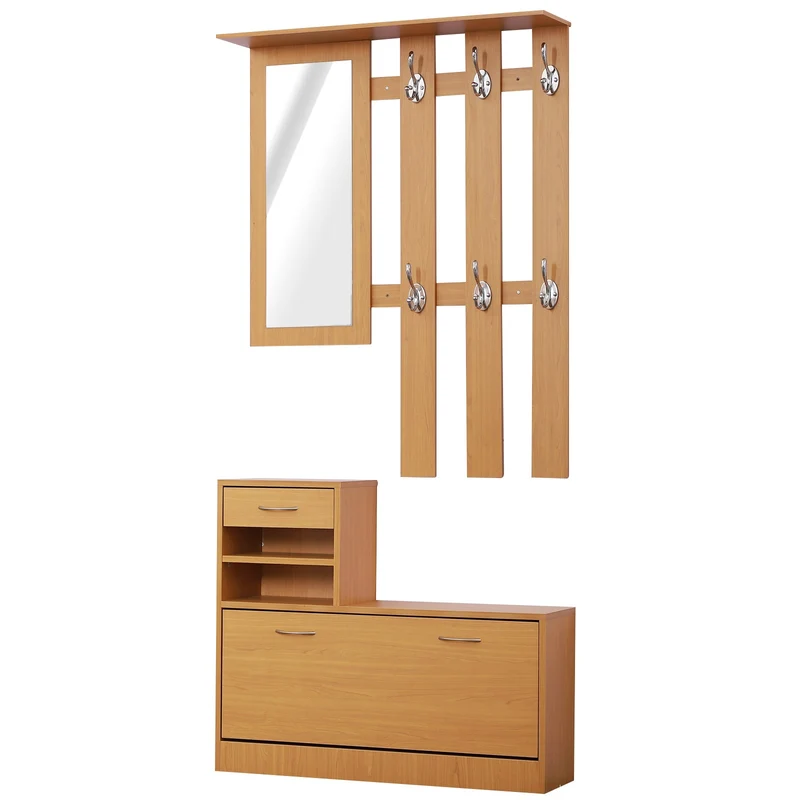 Easycomfort Set Mobili Ingresso Moderno con Scarpiera e Specchio, Appendiabiti da Ingresso con 6 Ganci, 2 Ripiani Regolabili e Cassetti in Legno per Corridoio, 90x24x177 cm, Legno