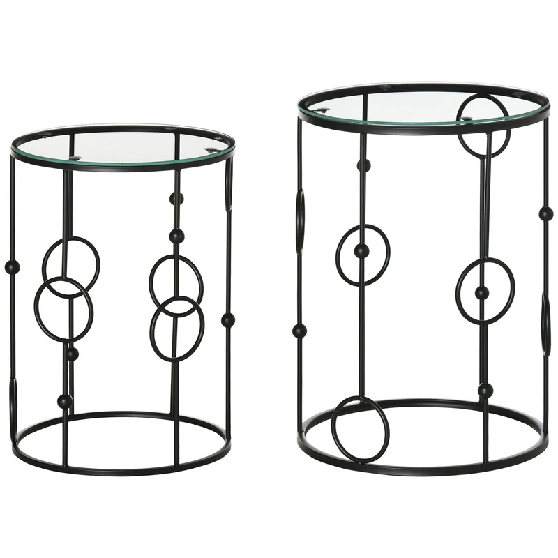 Easycomfort Set di 2 Tavolini da Caffè Impilabili in Metallo e Vetro Temperato Ø41x57cm e Ø36x51cm, Nero