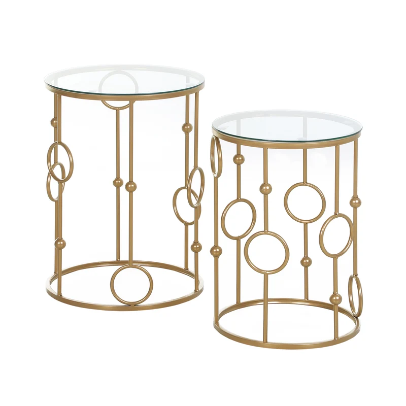 Easycomfort Set 2 Pezzi Tavolini da Caffè Design Elegante con Motivi a Cerchio, Metallo e Vetro Temperato Φ41x57cm & Φ36x51cm, Oro