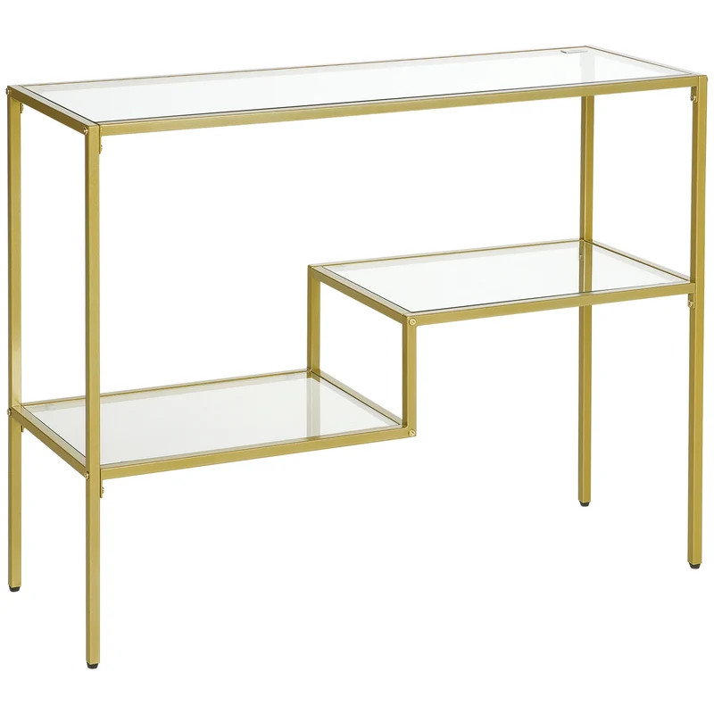 Easycomfort Consolle da Ingresso a 3 Ripiani in Acciaio e Vetro Temperato, 100x32x76 cm, Oro