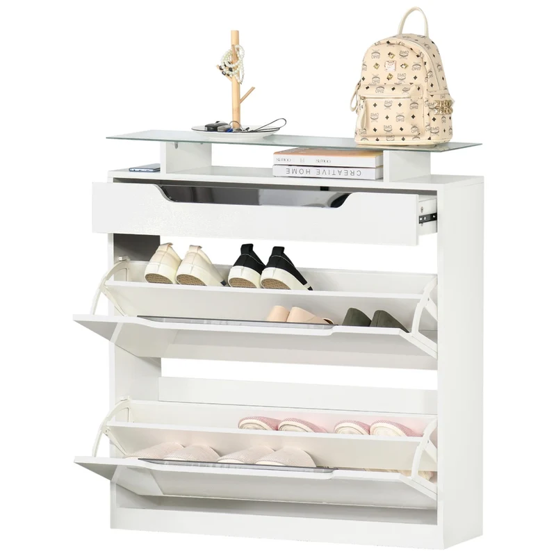 Easycomfort Scarpiera Moderna con 2 Cassetti per 16 Scarpe, Scarpiera a Ribalta con Mensola Regolabile e Ripiano in Vetro, 89x23x96cm, Bianco Lucido