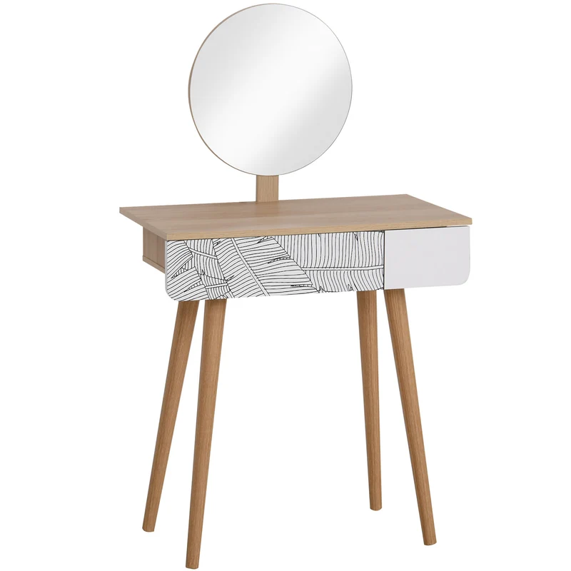 Easycomfort Toeletta Tavolo da Trucco con Specchio Circolare Ф39cm, Consolle Trucco con Cassetto con Decorazione Jungle, Bianco e Rovere, 70x39x119-128cm