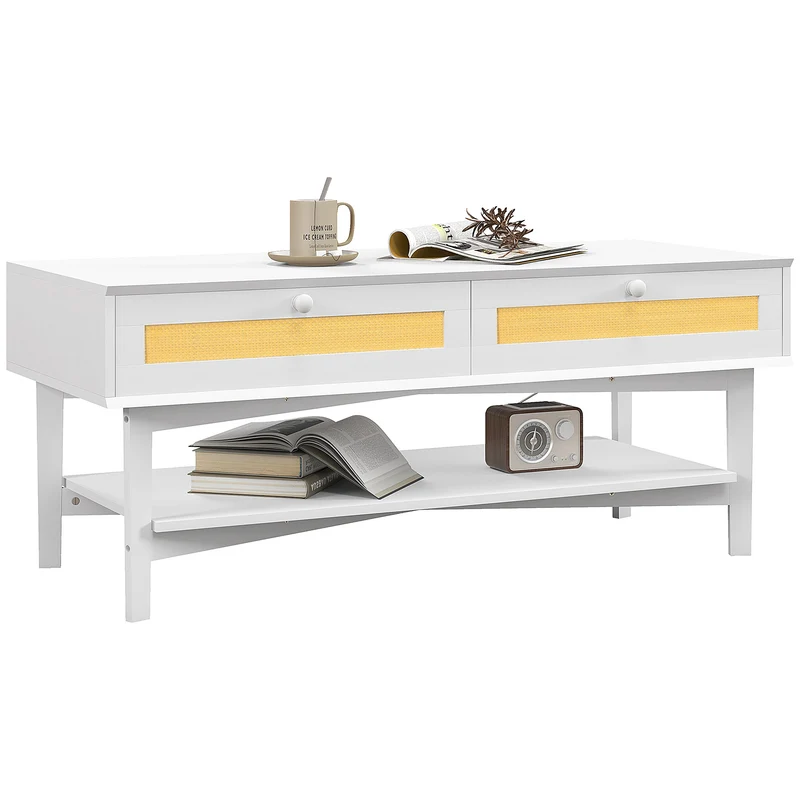 EasyComfort Tavolino da Caffè Boho con 2 Cassetti e Ripiano, in Rattan e Truciolato, 120x50x50 cm, Bianco e color Legno