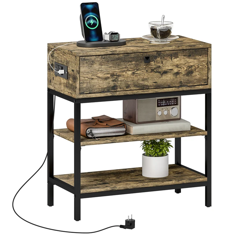 EasyComfort Tavolino da Divano con Cassetto e 2 Ripiani Stile Industriale, in Legno e Metallo, 60x30x66.5 cm, Nero e Marrone