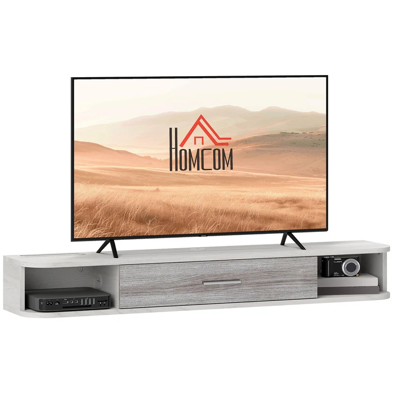 EasyComfort Mobile TV Sospeso in Legno con 2 Ripiani Aperti e Armadietto, 120x26x16 cm, Bianco e Grigio