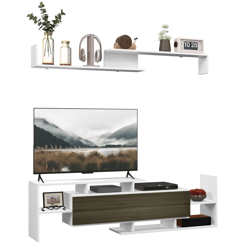 EasyComfort Mobile TV con Mensola a Muro, Ripiani Aperti e Armadietto in Legno, Bianco e Nero