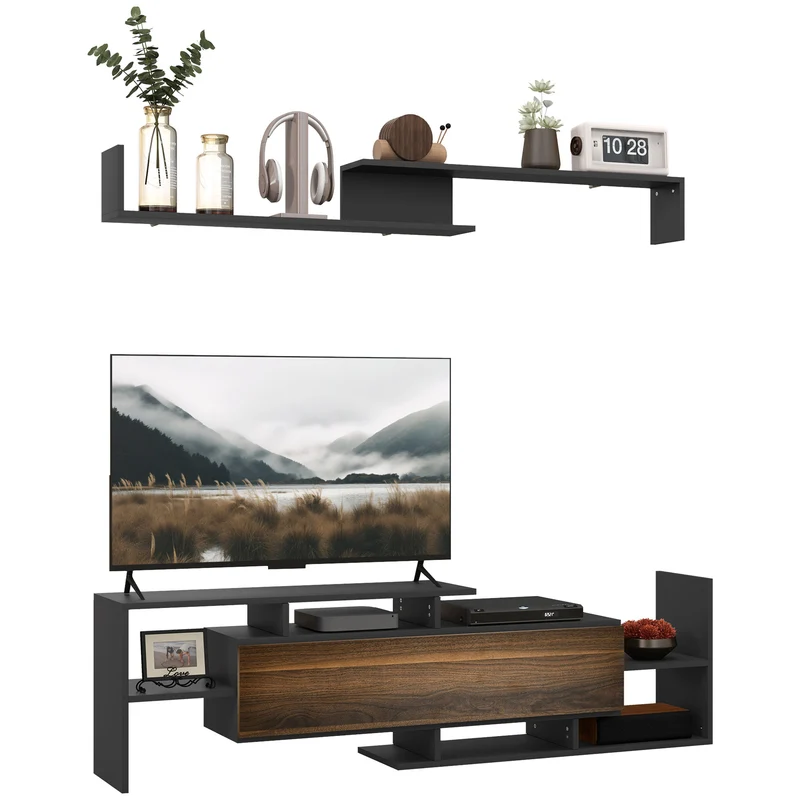EasyComfort Mobile TV con Mensola a Muro, Ripiani Aperti e Armadietto in Legno, Nero e Marrone