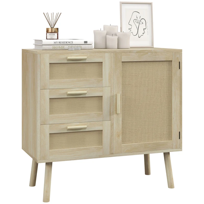 EasyComfort Mobile Multiuso Stile Boho con Armadietto e 3 Cassetti in Legno e Rattan, 80x36x75cm, Rovere