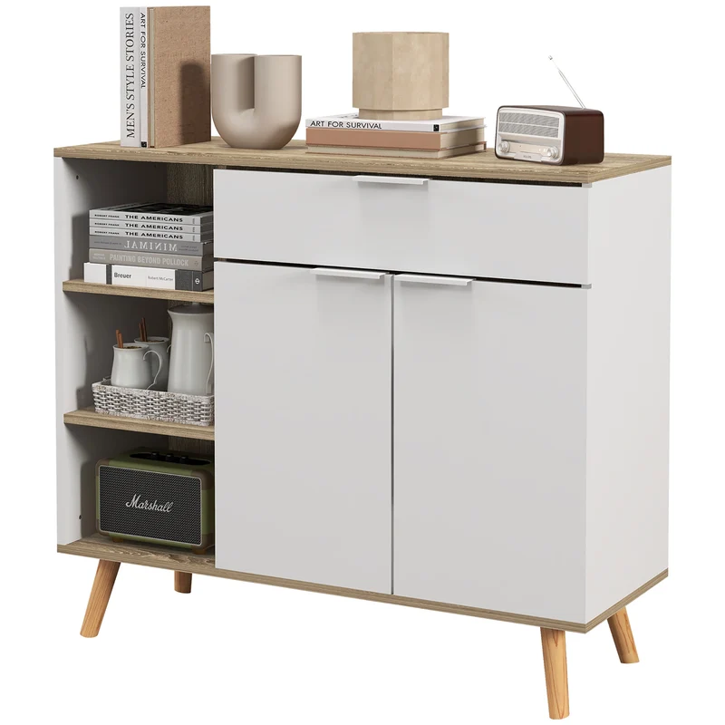 EasyComfort Mobile Multiuso Salvaspazio con 3 Ripiani Aperti, Armadietto e Cassetto, in Truciolato, 95x35x85 cm