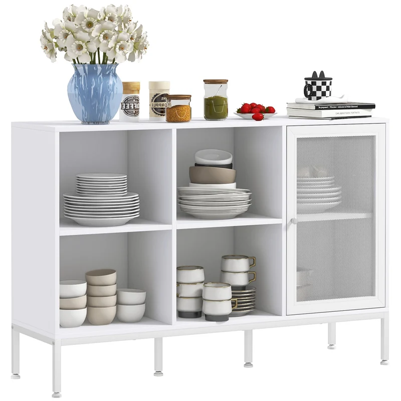 EasyComfort Mobile Buffet con 4 Ripiani Aperti e Armadietto, in Truciolato e Acciaio, 120x37x81.5 cm, Bianco