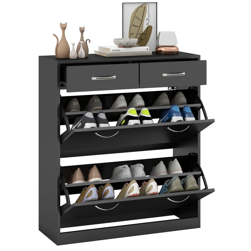 EasyComfort Mobile Scarpiera da 12 Paia con 2 Ripiani Interni Regolabili e 2 Cassetti, in Legno, 80x30x91.5 cm, Nero