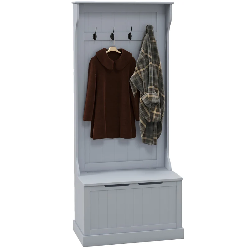 EasyComfort Mobile Appendiabiti 3 in 1 con 4 Ganci e Panca Contenitore, in Legno, 71.5x39.5x170 cm, Grigio