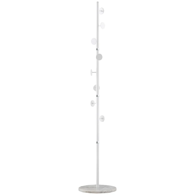 EasyComfort Albero Appendiabiti in Acciaio con 8 Ganci e Base Rotonda in Marmo, 35x35x170 cm, Bianco