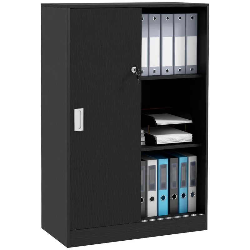 EasyComfort Armadietto da Ufficio a 3 Ripiani con 2 Chiavi di Sicurezza e Ante Scorrevoli, 80x40x120 cm, Nero