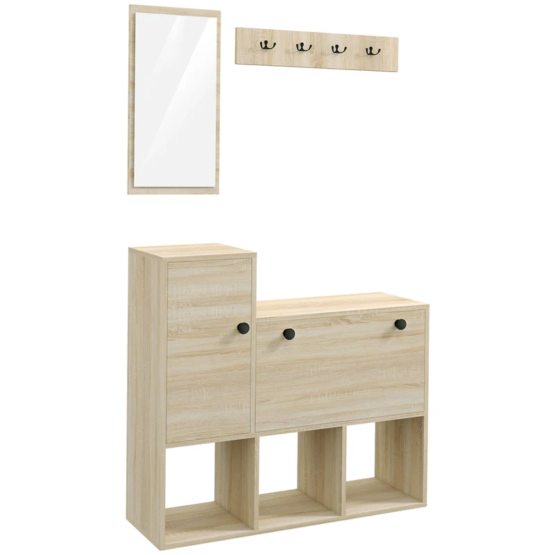 Easycomfort Set da Ingresso con Attaccapanni a Muro 4 Ganci, Scarpiera per 9 Scarpe, Armadietto e Specchio