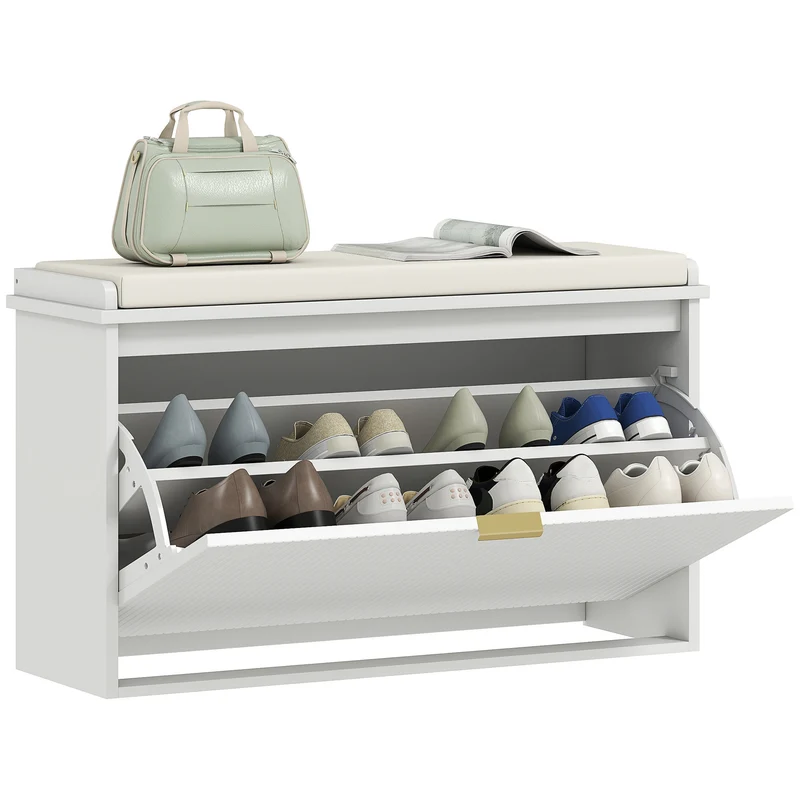 EasyComfort Panca Scarpiera con Ripiano Interno, in Legno e Tessuto Effetto Lino, 80x26x47.5 cm, Bianca e Beige